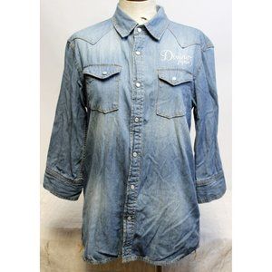 Diviner Jeans Western Style Pearl Snap Shirt Womens Lg Denim Faded Rockabilly